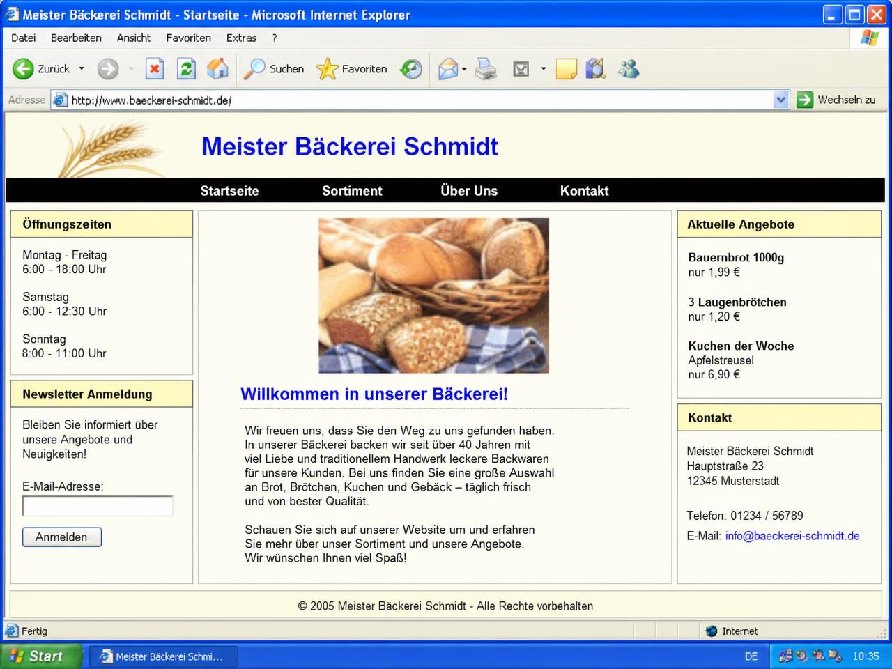 Veraltete Bäckerei-Website vor dem Redesign